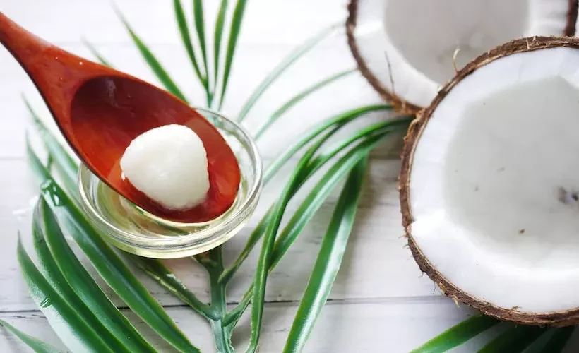 Frozen coconut oil in a spoon with two-piece of coconut